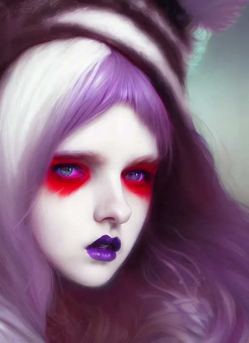 Image similar to portrait of white teenage girl, normal face, white bangs, mall goth, cyberlox, black and white hair, bangs, fluffy bangs, red contact lenses, purple lipstick, intricate, elegant, highly detailed, digital painting, artstation, concept art, sharp focus, smooth, illustration, art by wlop, mars ravelo and greg rutkowski