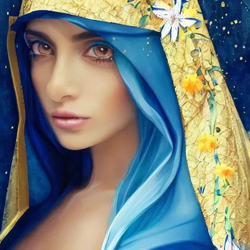 Prompt: beautiful Arab woman, white transparent veil black hair, showering in a waterfall, swimming, ethereal, emotive, fine art, water mist, mystical, Romanticism, natural light, cinematic lighting, ultra detailed, highly detailed, sharp focus, golden background with flowers, golden jewelry with blue sapphires, photographic, art by artgerm and greg rutkowski and zdislav beksinski