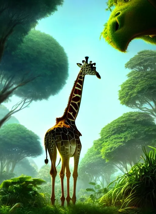 Prompt: a wholesome animation key shot of a giraffe, jungle in the background, studio ghibli, pixar and disney animation, sharp, rendered in unreal engine 5, anime key art by greg rutkowski, bloom, dramatic lighting