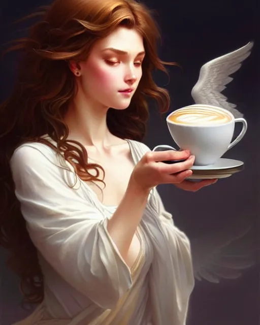 Image similar to a dreamy angelic barista pouring latte art, fantasy character portrait, ultra realistic, intricate, elegant, highly detailed, digital painting, artstation, smooth, sharp, focus, illustration, art by artgerm and greg rutkowski and alphonse mucha