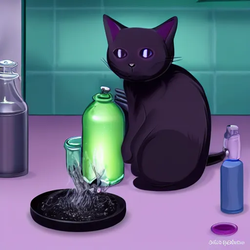 Prompt: black cat making potion, detailed, clean, realistic