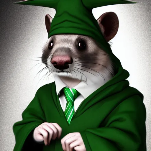 Image similar to a anthropomorphic ferret is dressed as a hogwarts student in slytherin robes, hyperdetailed, artstation, cgsociety, 8 k