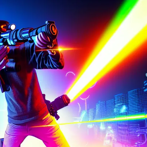 Prompt: a cyberpunk monkey shooting laser guns, sythwave