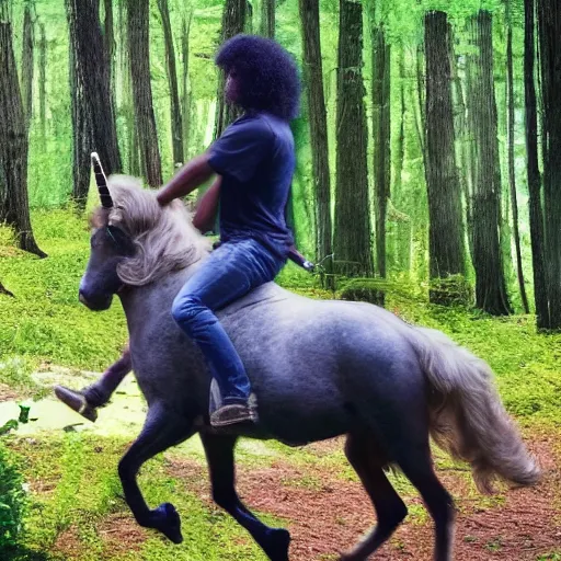 Image similar to security footage of a teenager with black curly hair on the woods riding a unicorn