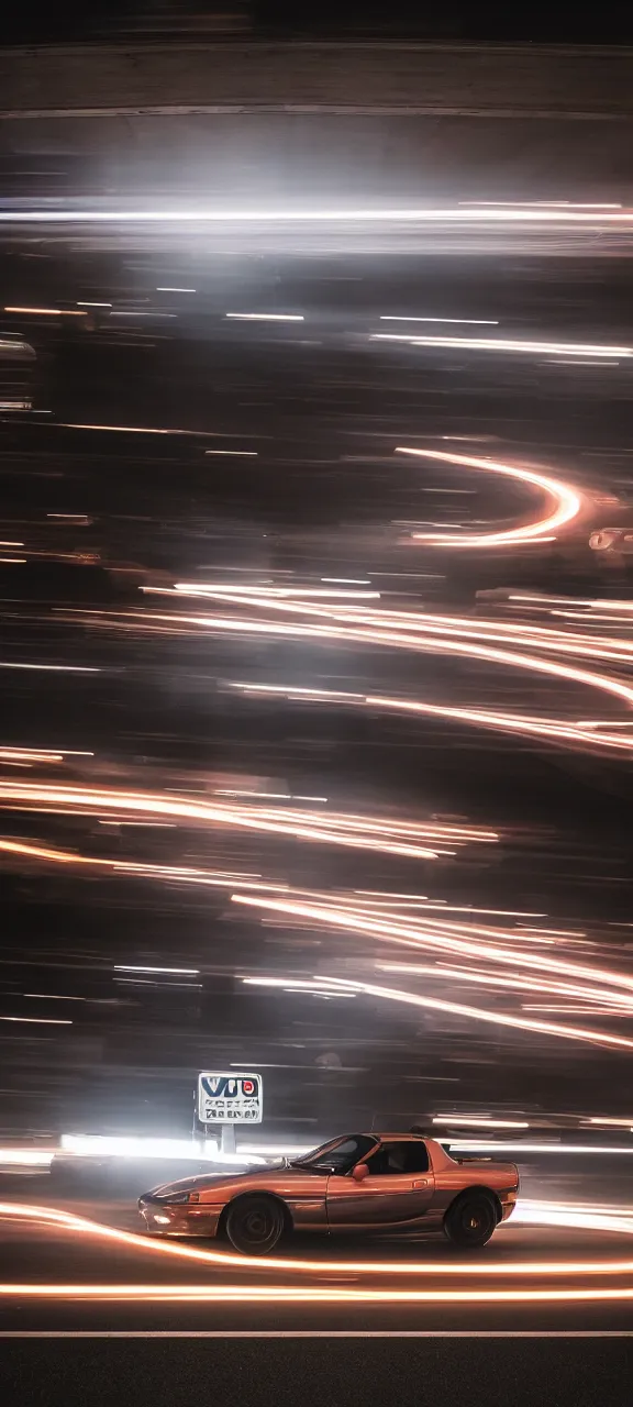 Image similar to a jdm mazda rx - 7 on a highway, cinematic, long exposure, white balance, 8 k, led, lumen global illumination, fog, ray tracing reflections