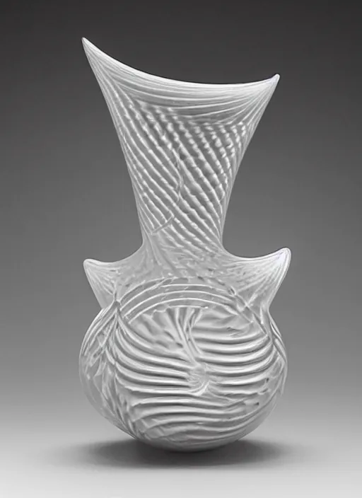 Prompt: Vase in the shape of impossible geometry by Escher, designed by Rene Lalique, found in a sunken ship treasure, 200 BCE