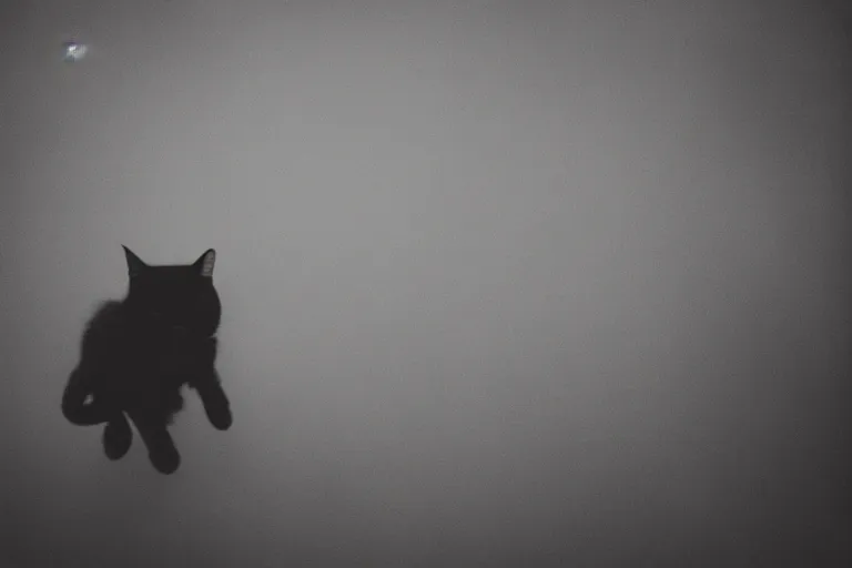 Image similar to black cat jumping out of thick white fog, 35mm film, lomography
