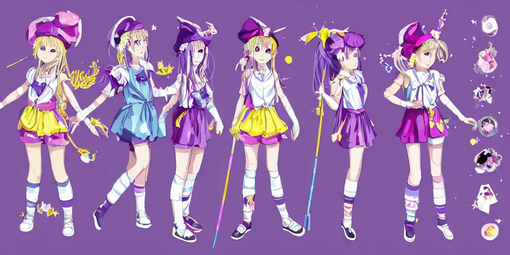 Prompt: A character sheet of an anime magical girl holding a paintbrush with short blond hair and freckles wearing an oversized purple Beret, Purple overall shorts, jester shoes, and white leggings covered in stars. Rainbow accents on outfit. Concept Art. Card captor Sakura inspired. Sailor Moon Inspired. Madoka Magica Inspired. By Naoko Takeuchi. By CLAMP. By WLOP. JPOP Outfit. KPOP Outfit