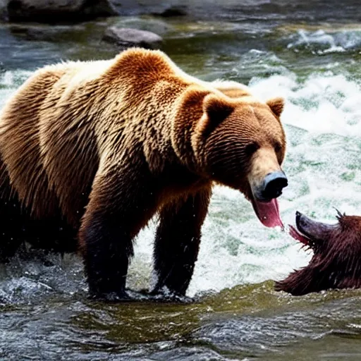Prompt: a fish eating a grizzly bear in a river, ultra realistic, 4K, high definition, award winning, national geographic