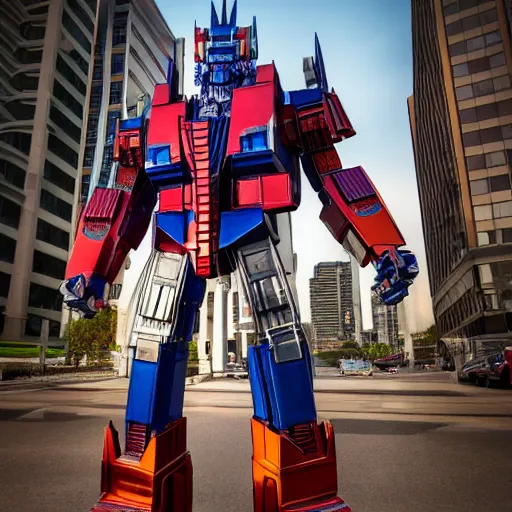 Image similar to A man dressed as Optimus prime, 8k, digital photograph