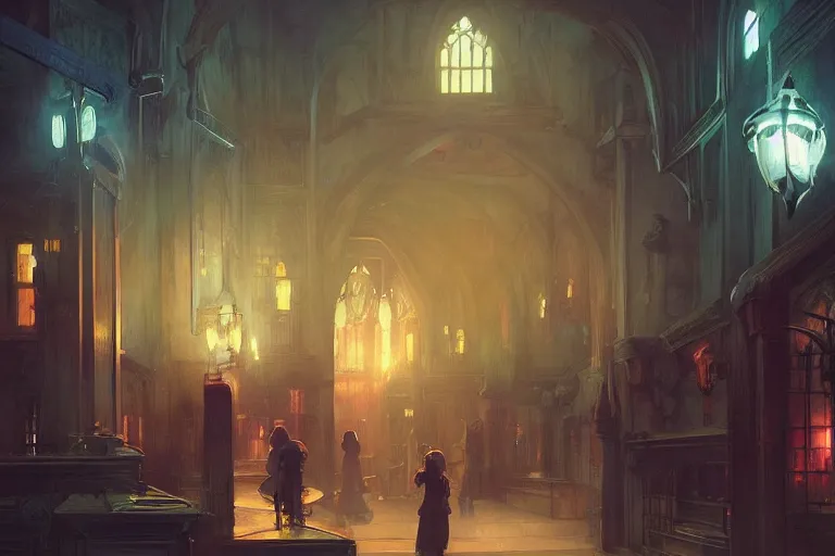 Image similar to Hogwarts, neon lighting, night city, digital art from artstation by Ruan Jia and Mandy Jurgens and Artgerm and william-adolphe bouguereau and Greg Rutkowski and Wayne Barlowe