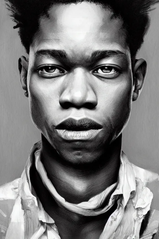 Image similar to ultra realistic illustration, jean basquiat, staring directly into camera, intricate, elegant, highly detailed, digital painting, artstation, concept art, smooth, sharp focus, illustration, art by artgerm and greg rutkowski and alphonse mucha