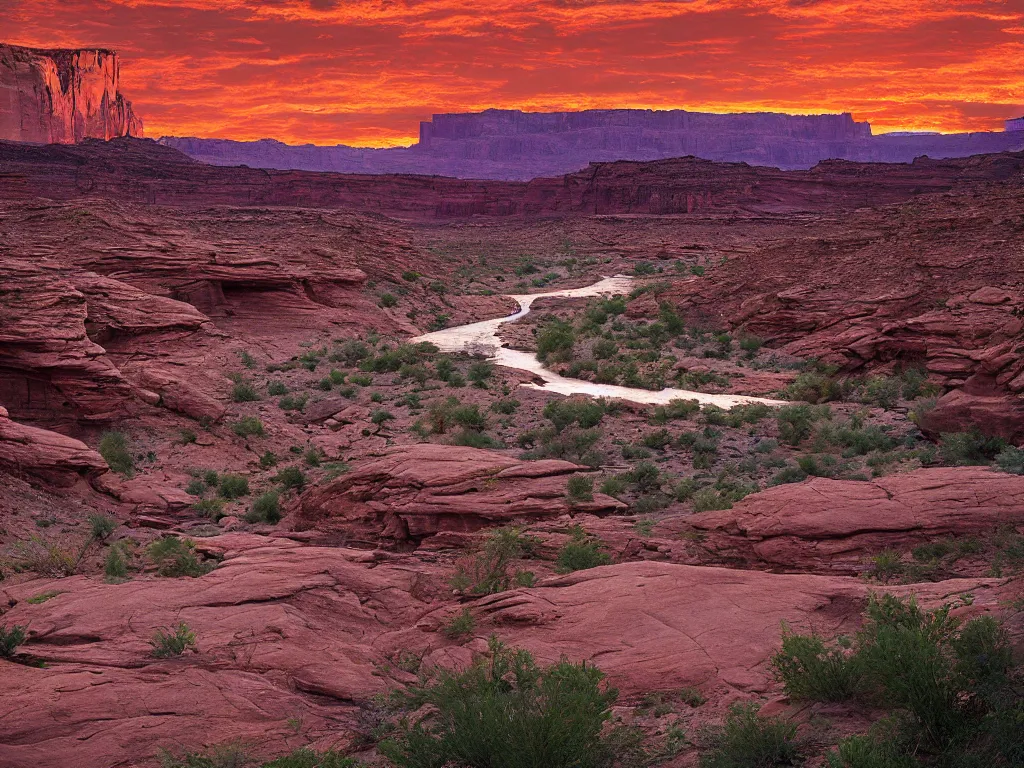 Image similar to “a river bend running through a canyon surrounded by desert mountains at sunset, moab, utah, a tilt shift photo by Frederic Church, trending on unsplash, hudson river school, photo taken with provia, national geographic photo”