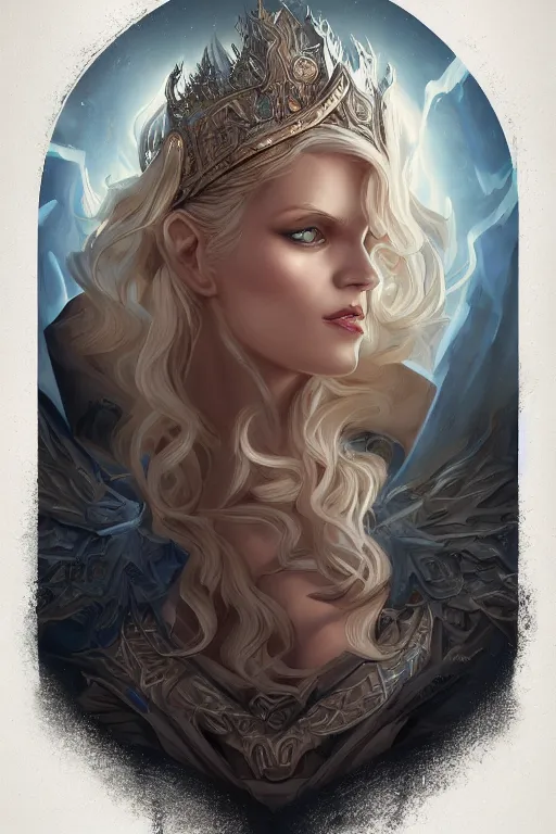 Image similar to stygian strange detailed portrait of a blue eyed, blonde haired crowned queen of summer with light elvish overtones and an arcane halo by kirsi Salonen, asya yoranova and peter mohrbacher trending on artstation