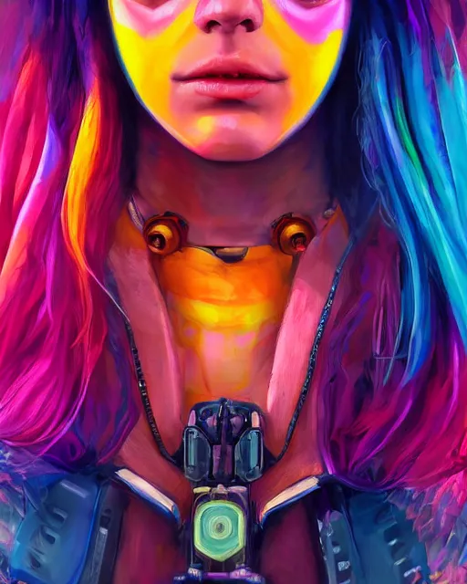 Image similar to colorful portrait of a female hippie cyborg, set in the future 2 1 5 0 | highly detailed | very intricate | symmetrical | professional model | cinematic lighting | award - winning | painted by mandy jurgens and ross tran | pan futurism, dystopian, bold psychedelic colors, cyberpunk, groovy vibe, anime aesthestic | featured on artstation