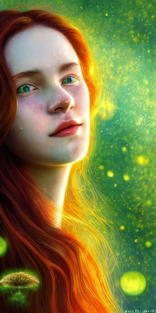 Image similar to infp young woman, smiling amazed, golden fireflies lights, sitting in the midst of nature fully covered, long loose red hair, intricate linework, green eyes, small nose with freckles, oval shape face, realistic, expressive emotions, dramatic lights spiritual scene, hyper realistic ultrafine art by michael cheval, jessica rossier, boris vallejo