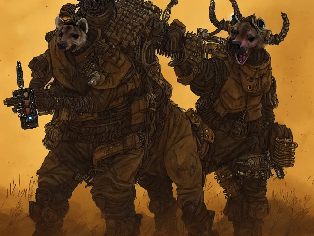 Image similar to a good ol'hyena fursona ( from the furry fandom ), heavily armed and armored facing down armageddon in a dark and gritty version from the makers of mad max : fury road. witness me.