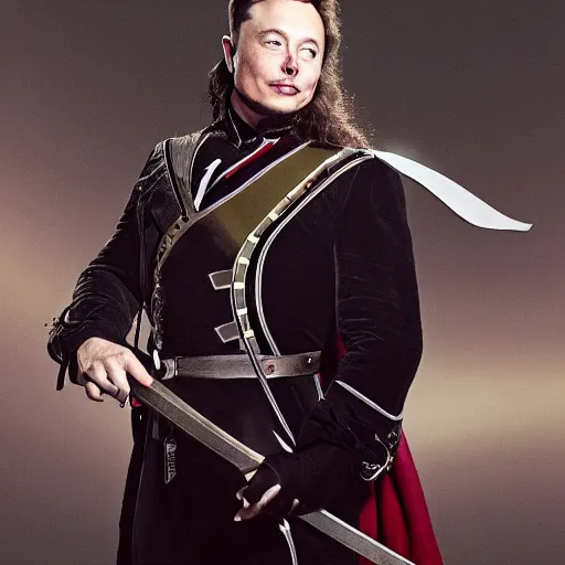 Prompt: photo of elon musk in the shape of a musketeer, he has a big black hat and holds a shiny sword