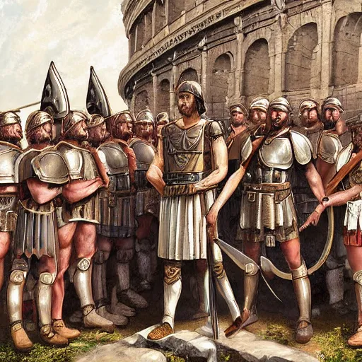 Image similar to a roman soldier in front of his army, ancient rome, digital art, steal armors