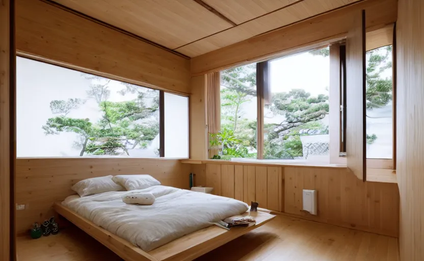 Prompt: interior of a small minimalist bedroom, japanese style, bed, cupboards, bamboo wood, pine wood, white, bright, green, windows with a view of a green park, natural materials, 8 k