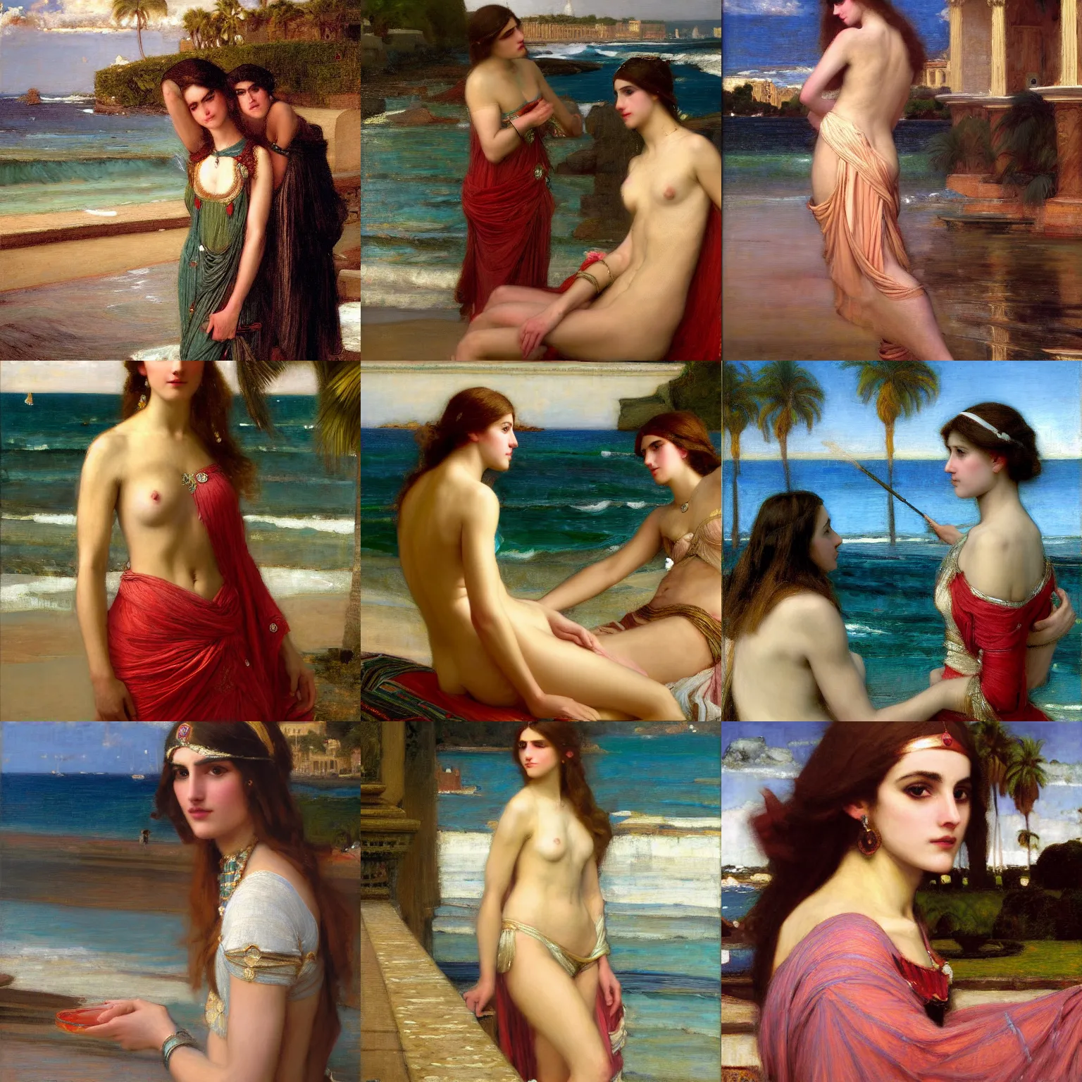 Prompt: palm beach intricate painting by john william waterhouse and Edwin Longsden Long and Theodore Ralli and Nasreddine Dinet, oil on canvas. Cinematic, hyper realism, dramatic lighting, high detail 8k