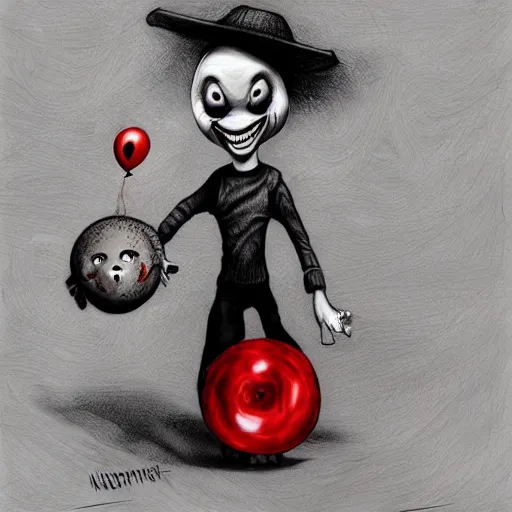 Image similar to surrealism grunge cartoon portrait sketch of billie eilish the mushroom man with a wide smile and a red balloon by - michael karcz, loony toons style, pennywise style, horror theme, detailed, elegant, intricate