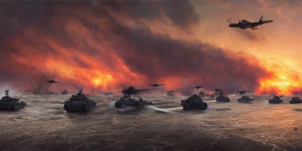 Image similar to the normandy!!!!! landings, d - day, 1 9 4 5, sunset, chaos!!!, smoke, fire, soldiers charging in, airplanes bombing the beach, destroyed tanks, highly detailed, wide shot, sadness, cinematic, ultra realistic!!!, ray tracing, ( ( painting ) ) by jessica rossier and ivan shishkin