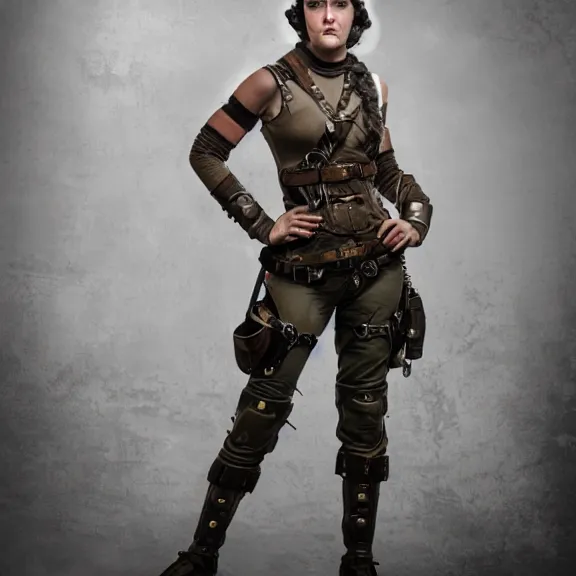 Image similar to full length photo of a very beautiful female dieselpunk warrior, 8 k, hdr, smooth, sharp focus, high resolution, award - winning photo