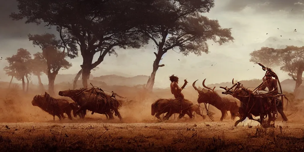 Image similar to ancient indian tribesman hunting on atv buffalo herd, wooden wheels, attacking, chase, action scene, an epic fantasy, dramatic lighting, cinematic, establishing shot, extremely high detail, photorealistic, cinematic lighting, artstation, octane render, by simon stalenhag, horizon forbidden west,old photo, high speed photography, vintage, extreme sports