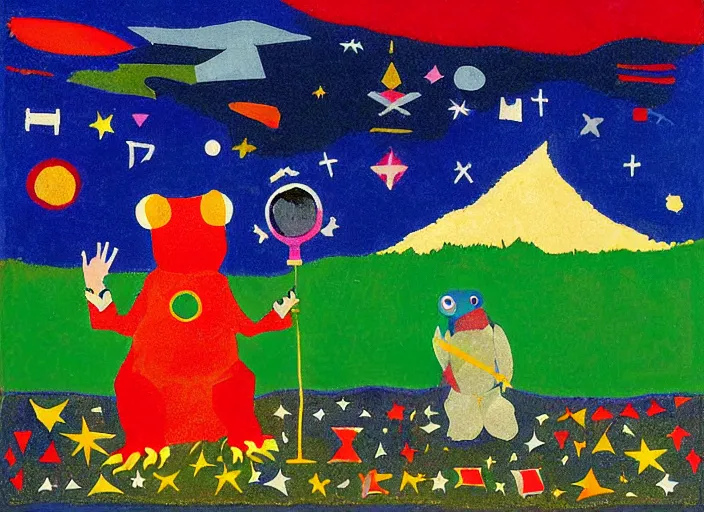 Image similar to pixel decollage painting trash can toter as tarot card fool with red bear and alien frog on a horse knight in a dark red cloudy night sky background and golden foil jewish stars , mountain lake and blossoming field in background, painted by Mark Rothko, Helen Frankenthaler, Danny Fox and Hilma af Klint, pixelated, neo expressionism, semi naive, pastel colors, cinematic, color field painting, cave painting, voxel, pop art look, outsider art, minimalistic. Bill Traylor painting, part by Philip Guston and Francis Bacon. art by Adrian Ghenie, very coherent symmetrical artwork, cinematic, hyper realism, high detail, octane render, unreal engine, Smooth gradients, depth of field, full body character drawing, extremely detailed, 8k, extreme detail, intricate detail, masterpiece