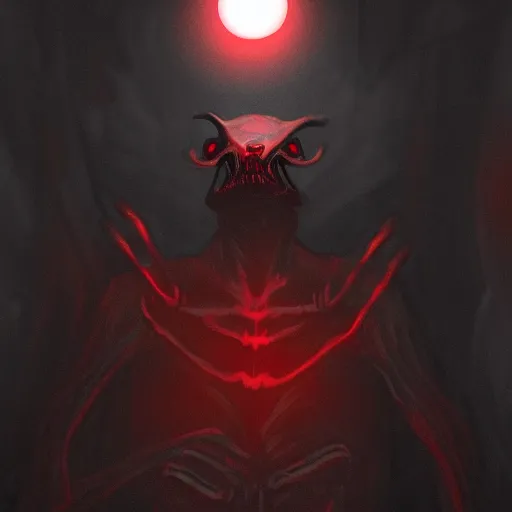 Prompt: [ horrific anthropomorphic pitch black creature with glowing red eyes ]! standing in an [ immensely dark corridor ]!, digital art style, concept art, trending on [ artstation ], contest winner, award winning, 4 k quality