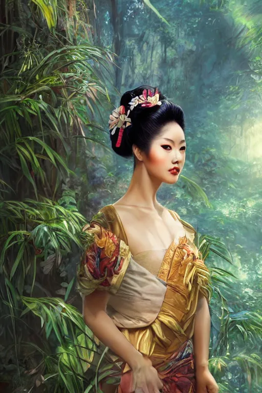 Image similar to stunningly beautiful, peruvian geisha prima ballerina in jungle, symmetrical face, golden hour, smooth, focus, highly detailed, hyper realistic, dramatic lighting, elegant, intricate, concept art, art by wlop, mars ravelo, greg rutowski, artstation