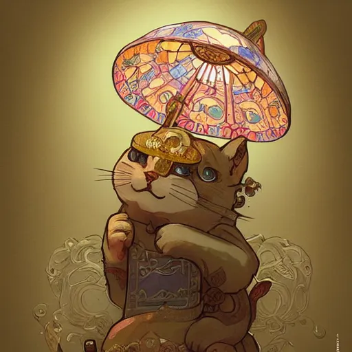 Image similar to A cute maneki neko waving, flowers around, D&D, fantasy, intricate, cinematic lighting, highly detailed, digital painting, artstation, concept art, smooth, sharp focus, illustration, art by Akihiko Yoshida, Greg Rutkowski and Alphonse Mucha