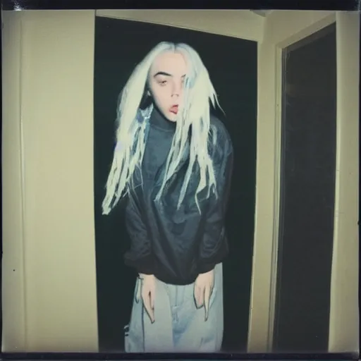 Image similar to A creepy polaroid photo of Billie Eilish chasing you down a hallway