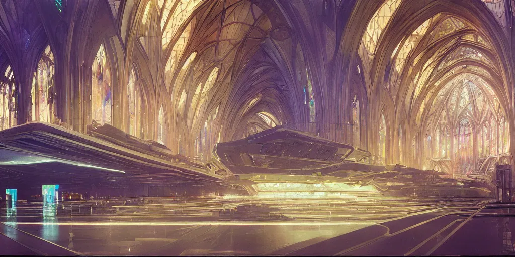 Prompt: a futuristic cathedral interior with holograms all over, ralph maquarrie and syd mead cinematic painting, 4 k