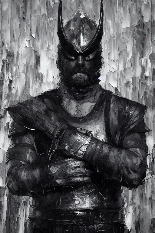 Image similar to palette knife oil painting of the norse god tyr ( one hand missing ) as a noir detective. extreme detail. artstation trending, any racial background, artgerm, deviant art, octane, substance, art history 8 k