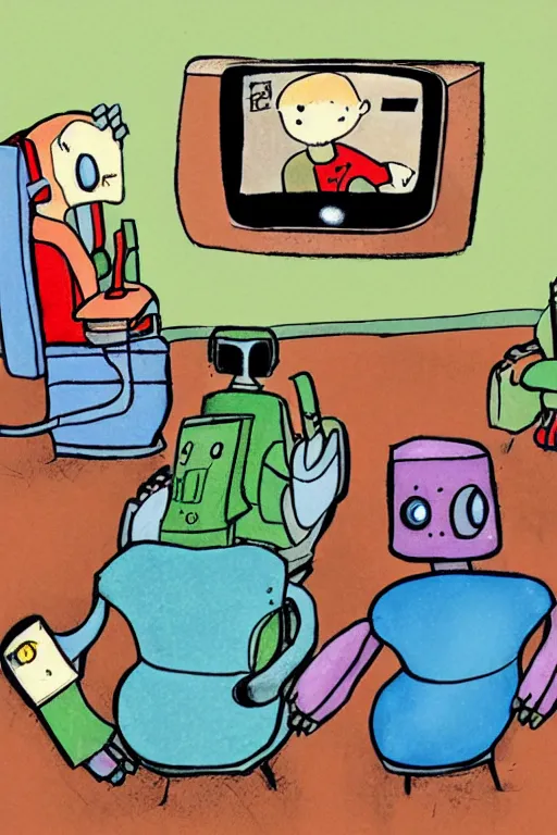 Prompt: children's book illustration of robots watching tv