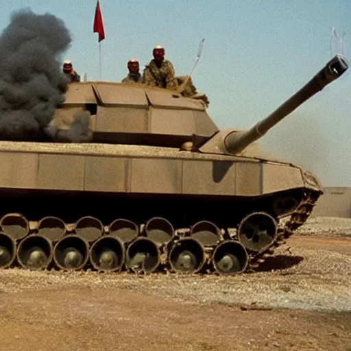 Prompt: A 200 foot tall George H.W. Bush destroys Iraqi tanks, historical photo