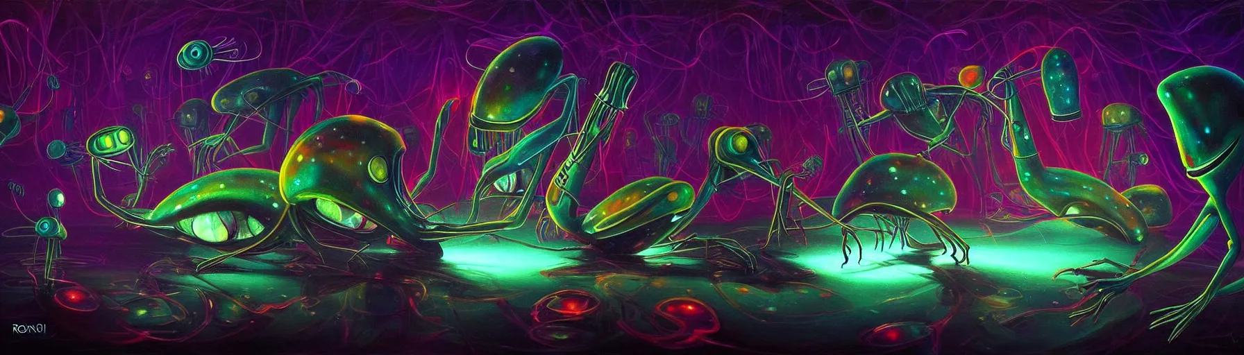 Prompt: strange alien plankton creatures from the depths of the collective unconscious, dramatic lighting, surreal darkly colorful painting by ronny khalil