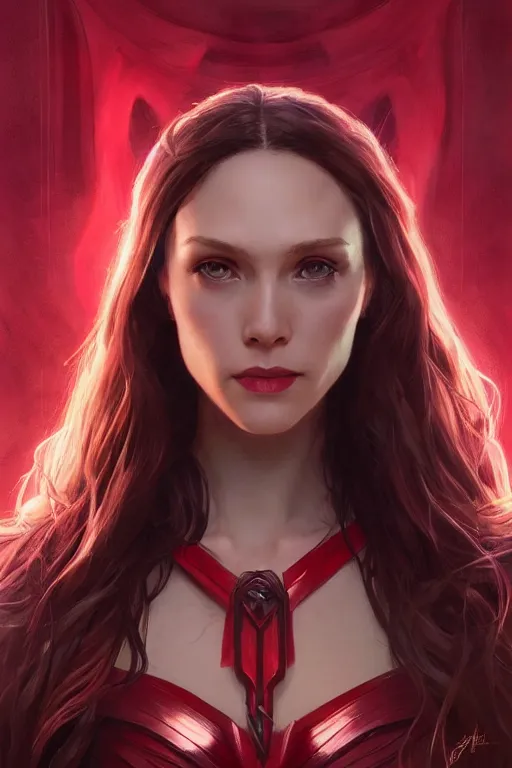 Image similar to portrait of Scarlet Witch, superhero, D&D, fantasy, highly detailed, beautiful face, realistic body structure, digital painting, artstation, smooth, sharp focus, illustration, art by artgerm and greg rutkowski and alphonse mucha