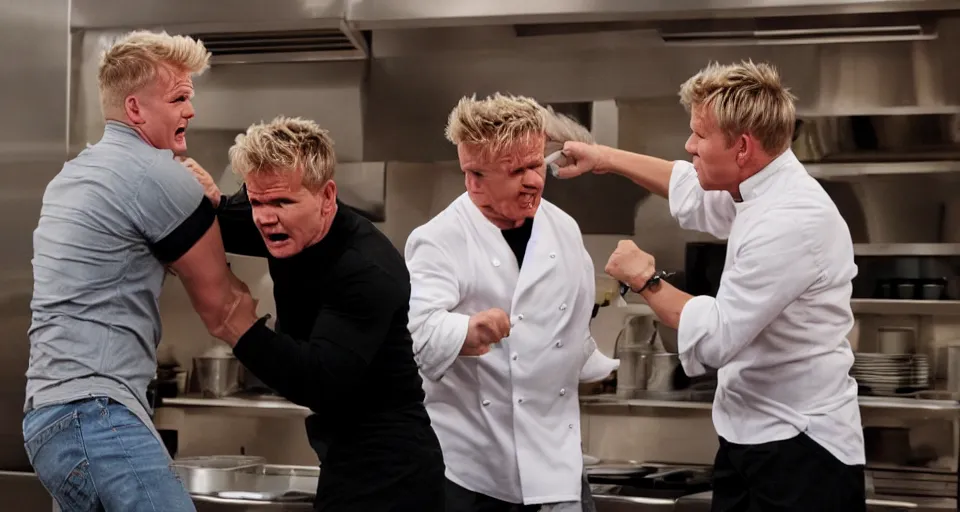 Image similar to photo of angry furious Gordon Ramsay punching Gordon Ramsay at the kitchen