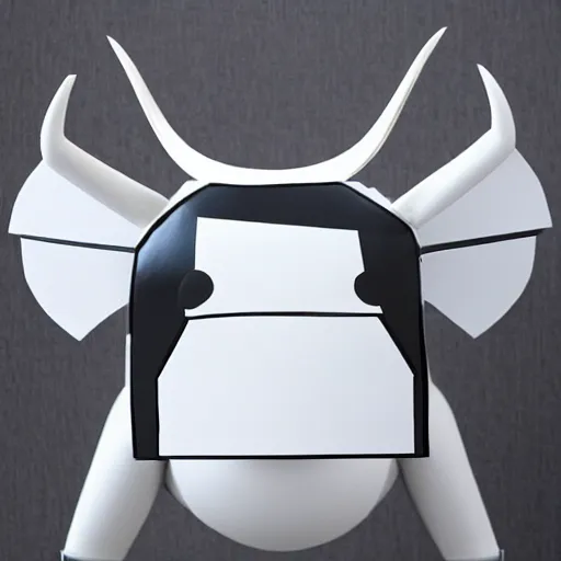 Prompt: a mechanical cow with big head and horns, minimalist style, metal, 3D art, in style of Baymax, smooth