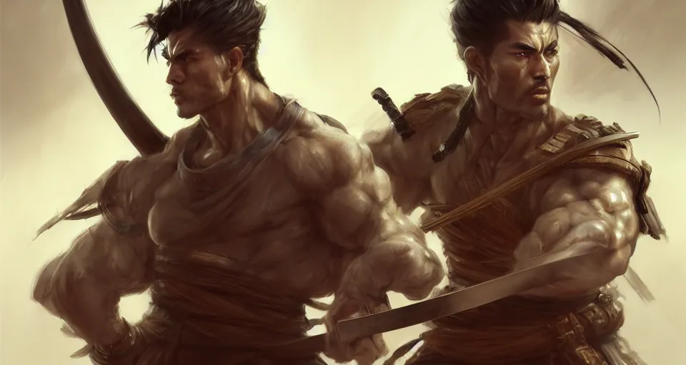 Image similar to face portrait of a handsome and ripped ronin, masculine features, short messy hair, wielding a katana, wearing a haori, by wlop and peter mohrbacher, dramatic action pose, extremely detailed shading, concept art, digital painting, trending on artstation, unreal engine 5, octane render, atmosphere, glow, cinematic lighting, full of color