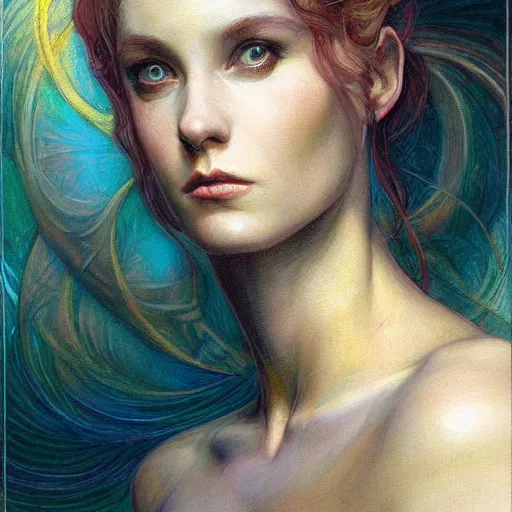 Image similar to a painting in the style of donato giancola, and in the style of charlie bowater, and in the style of william blake. symmetry, smooth, sharp focus, semi - realism.