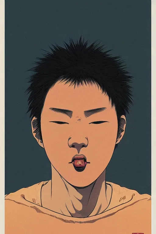 Image similar to a scifi closeup portrait of a young japanese man licking a blotter paper of LSD acid on his tongue and dreaming psychedelic hallucinations in cosmos, by kawase hasui, moebius, Edward Hopper and James Gilleard, Zdzislaw Beksinski, Steven Outram colorful flat surreal design, hd, 8k, artstation