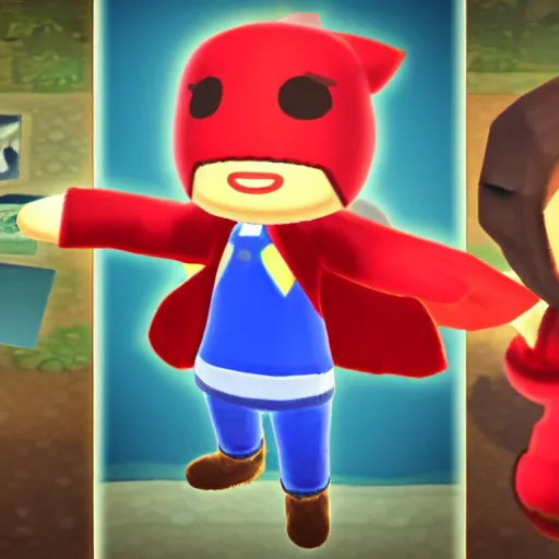 Image similar to A wizard wearing a red hood with glowing blue eyes in Animal Crossing