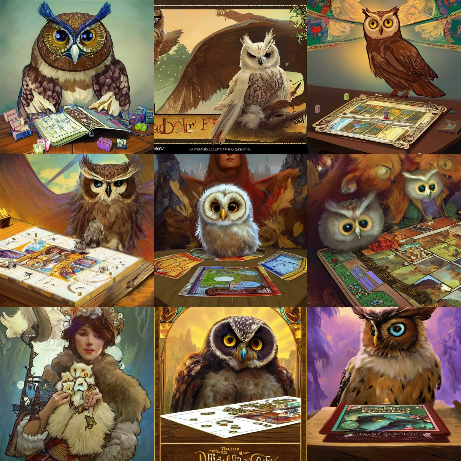 Image similar to board games on a table, with a cute fluffy owl, children's book, D&D, fantasy, highly detailed, digital painting, artstation, concept art, matte, sharp focus, illustration, art by Ivan Gantschev Alphonse Mucha