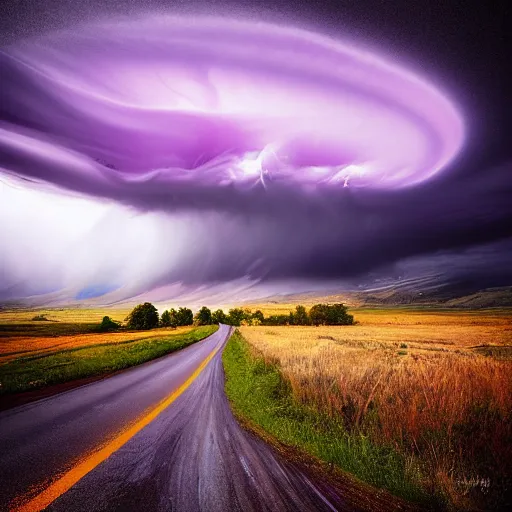 Prompt: purple clouds in the shape of a tornado by marc adamus, digital art, beautiful dramatic lighting