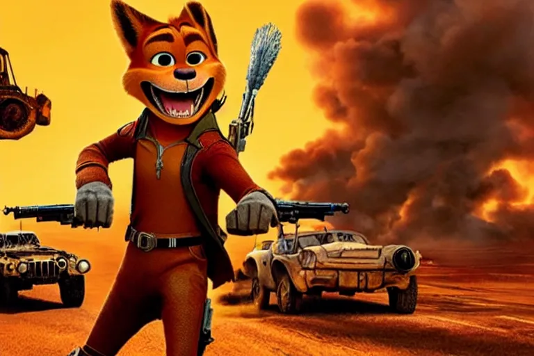 Image similar to nick wilde, heavily armed and armored facing down armageddon in a dark and gritty reboot from the makers of mad max : fury road