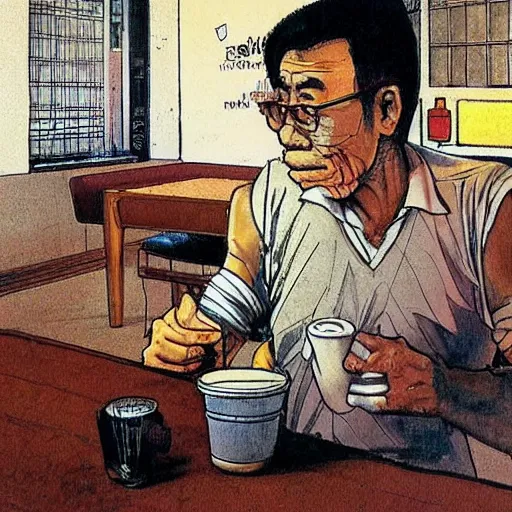 Prompt: concept art of an old singaporean man wearing a singlet drinking coffee in a hawker centre, by moebius